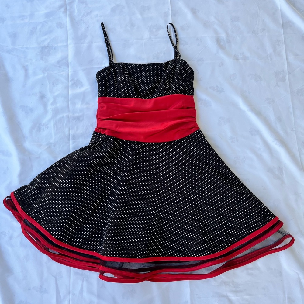 Minelli Black Polka Dot Midi Dress with Red Waistband